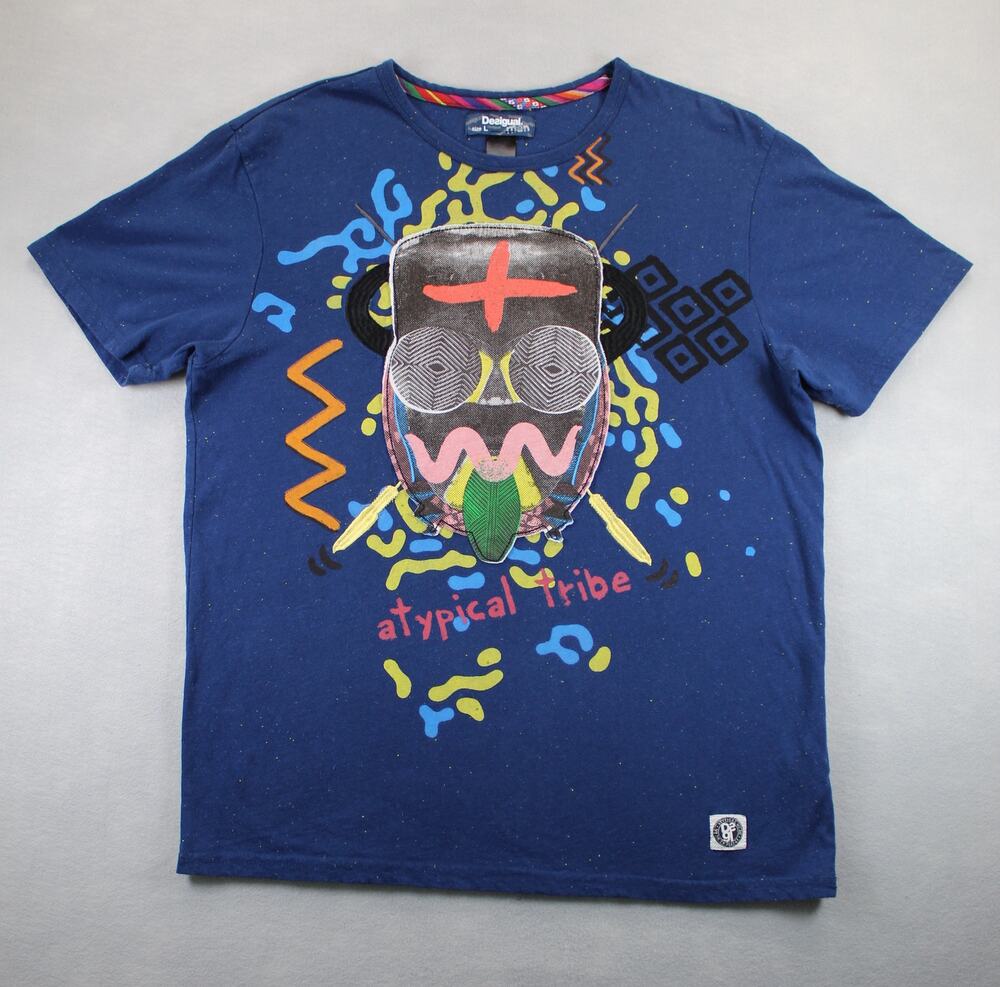 Desigual Graphic Warrior T-Shirt Blue Men's Large Tribal